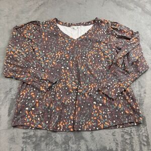 Zac Rachel Womens Top Size 2X Puff Sleeve V-Neck Waffle Knit Cheetah Boho Casual